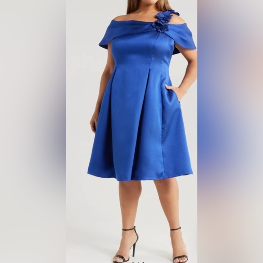 Alex Evenings Mikado Sheath Royal Blue Plus Size Off Shoulder Dress